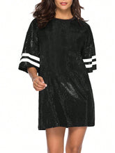 Women Color Block Striped Sequin Patchwork Oversized Drop Shoulder T-Shirt For Summer